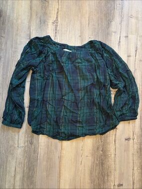 LOFT Green and Navy Plaid Long-Sleeve Peasant Top